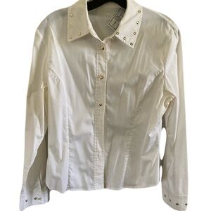 St. John White Button-Up Shirt with Gold Logo Buttons